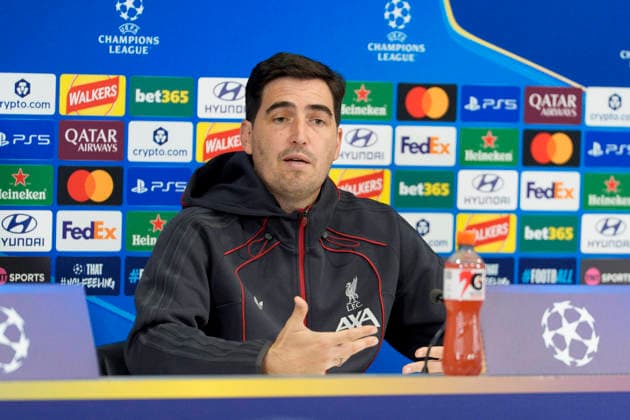 Liverpool press conference, PK, Pressekonferenz Liverpool FC manager Andoni Iraola speaks with the press during the Press Conference at Anfield Stadium ahead of the UEFA Champions League Round 1 match v Atletico Madrid, Anfield, Liverpool, England on 8 September 2026 Credit: Steve Flynn Every Second Media Editorial use only. All images are copyright Every Second Media Limited. No images may be reproduced without prior permission. Copyright: xIMAGO EveryxSecondxMediax ESM-2146-0038 StevexFlynnx xEveryxSecondxMediax
