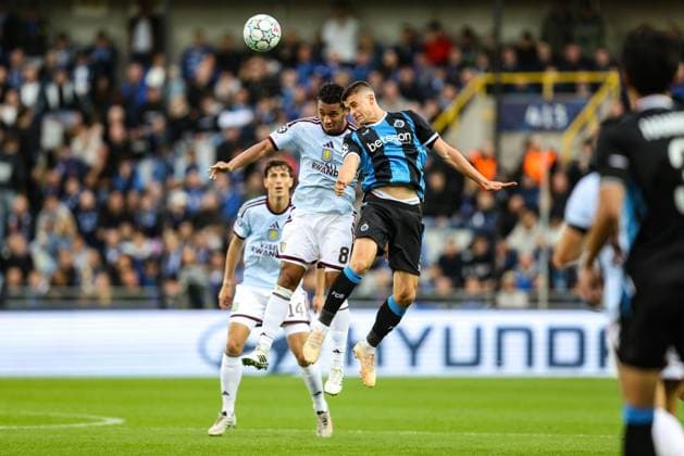 Aston Villa s Boubacar Kamara and Club s Nicolo Tresoldi fight for the ball during a soccer game between Belgian soccer team Club Brugge KV and English Aston Villa FC, on Tuesday 8 September 2026 in Brugge, on the first game of the UEFA Champions League league phase. BRUNOxFAHY  x185678224x