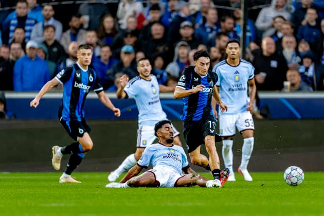 BRUGGE - Club Brugge forward Jan Virgilli, Aston Villa FC defender Ian Maatsen during the UEFA Champions League match between Club Brugge and Aston Villa at Jan Breydelstadion on 8 September 2026 in Brugge, Belgie. (Photo by DeFodi Images) -