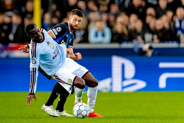 BRUGGE - Club Brugge defender Brandon Mechele, Aston Villa FC forward Nicolas Jackson during the UEFA Champions League match between Club Brugge and Aston Villa in Jan Breydelstadion on 8 September 2026 in Brugge, Belgie. (Photo by DeFodi Images) -
