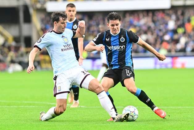 Club Brugge v Aston Villa - UEFA Champions League BRUGGE, BELGIUM - SEPTEMBER 08 : Torres Pau centre-back of Aston Villa, Vetlesen Hugo midfielder of Club Brugge during the UEFA Champions League 2026 27 League Phase MD1 match between Club Brugge and Aston Villa on September 8, 2026 in Brugge, Belgium, 08 09 2026 Brugge Belgium  Copyright: xPeterxDexVoechtx