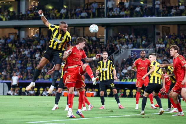 AEK Athens v LASK UEFA Champions League Harold Moukoudi of AEK Athens and Christoph Lang of LASK during the UEFA Champions League match at AEK Arena, Athens 08 09 2026 UK Newspapers OUT Copyright: xYannisxHalasx FIL-23912-0062