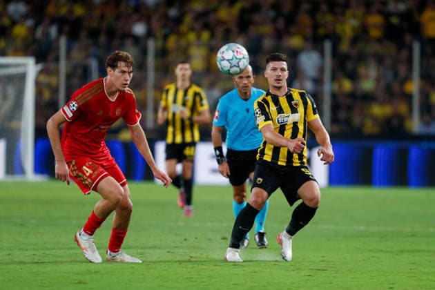 AEK Athens v LASK UEFA Champions League Luka Jovic of AEK Athens and João Tornich of LASK during the UEFA Champions League match at AEK Arena, Athens 08 09 2026 UK Newspapers OUT Copyright: xYannisxHalasx FIL-23912-0066
