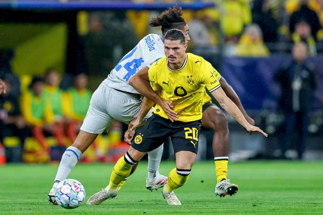 08.09.2026, Fußball, UEFA Championsleague, Borussia Dortmund - FC Villarreal, 1. Spieltag Champions League, Signal Iduna Park, Saison 2026 27: Nathan Saliba (Villarreal CF 24) im Zweikampf gegen Marcel Sabitzer (BVB 20) DFB regulations prohibit any use of photographs as image sequences and or quasi-video. Nordrhein-Westfalen Deutschland