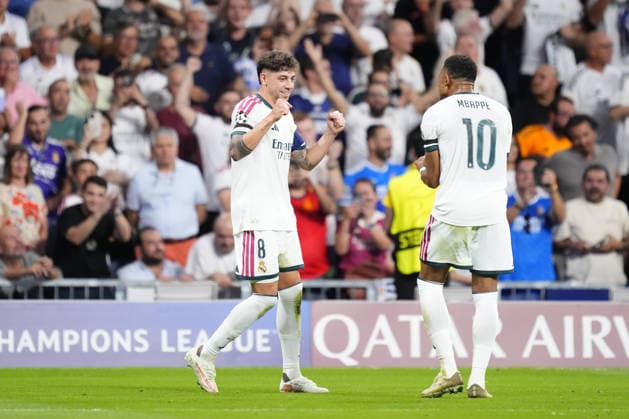 Real Madrid v Inter Milan - UEFA Champions League MADRID, SPAIN - SEPTEMBER 8: Federico Valverde central midfield of Real Madrid and Uruguay celebrates with his teammate Kylian Mbappe (R) after scoring his sides first goal during the UEFA Champions League 2026 27 League Phase MD1 match between Real Madrid and Inter Milan at Estadio Santiago Bernabeu on September 8, 2026 in Madrid, Spain. Jose Hernandez Anadolu Madrid Spain. Editorial use only. Please get in touch for any other usage.  Copyright: x2026xAnadoluxJosexHernandezx