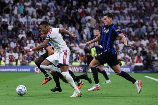 Real Madrid v FC Internazionale Milano - UEFA Champions League 2026 27 September 8, 2026, Estadio Santiago Bernabeu, Madrid, Spain: Kylian Mbappe of Real Madrid is defended by Benjamin Pavard and Hakan Ã‡alhanoÄülu during UEFA Champions League 2026 27 football match between Real Madrid and FC Internazionale Milano at Estadio Santiago Bernabeu on September 08, 2026, in Madrid, Spain. Madrid Estadio Santiago Bernabeu Madrid Spain Copyright: xAlejandroxMatiasxAcostax