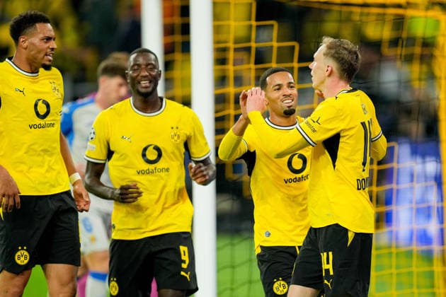 Maximilian Beier (Borussia Dortmund), Ethan Nwaneri (Borussia Dortmund), Serhou Guirassy (Borussia Dortmund) und Felix Nmecha (Borussia Dortmund) celebrate after the goal 1:0 during the UEFA Champions League 2026 2027 match between Borussia Dortmund and Villarreal at BVB Stadion Dortmund on September 8, 2026 in Dortmund, Germany. (Photo by Alex Gottschalk DeFodi Images) -