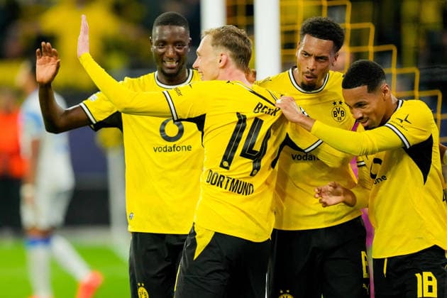 Maximilian Beier (Borussia Dortmund), Ethan Nwaneri (Borussia Dortmund), Serhou Guirassy (Borussia Dortmund) und Felix Nmecha (Borussia Dortmund) celebrate after the goal 1:0 during the UEFA Champions League 2026 2027 match between Borussia Dortmund and Villarreal at BVB Stadion Dortmund on September 8, 2026 in Dortmund, Germany. (Photo by Alex Gottschalk DeFodi Images) -