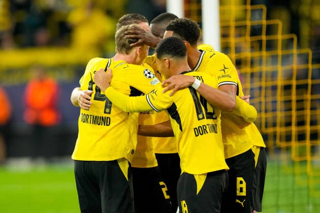 Maximilian Beier (Borussia Dortmund), Ethan Nwaneri (Borussia Dortmund), Serhou Guirassy (Borussia Dortmund), Felix Nmecha (Borussia Dortmund) und Joey Veerman (Borussia Dortmund) celebrate after the goal 1:0 during the UEFA Champions League 2026 2027 match between Borussia Dortmund and Villarreal at BVB Stadion Dortmund on September 8, 2026 in Dortmund, Germany. (Photo by Alex Gottschalk DeFodi Images) -