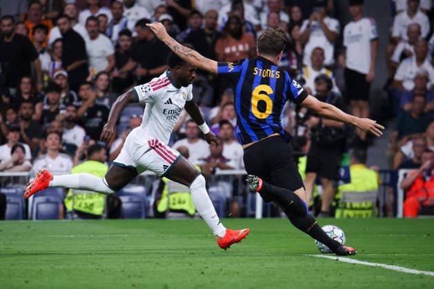 Real Madrid v FC Internazionale Milano - UEFA Champions League 2026 27 September 8, 2026, Estadio Santiago Bernabeu, Madrid, Spain: Vinicius Junior of Real Madrid is defended by John Stones during UEFA Champions League 2026 27 football match between Real Madrid and FC Internazionale Milano at Estadio Santiago Bernabeu on September 08, 2026, in Madrid, Spain. Madrid Estadio Santiago Bernabeu Madrid Spain Copyright: xAlejandroxMatiasxAcostax