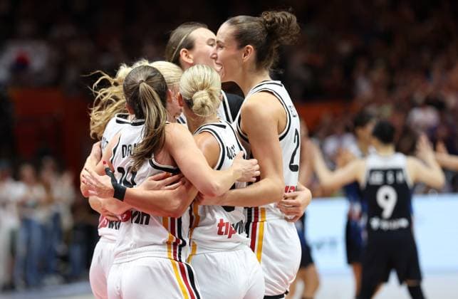 Germany s players celebrate after winning a basketball game between Germany and South Korea, game 3 of the group phase at the FIBA Women s Basketball World Cup, on Tuesday 8 September 2026, in Berlin, Germany. The FIBA Women s Basketball World Cup takes place in Berlin from 4 to 23 September 2026. VIRGINIExLEFOUR  x185693065x
