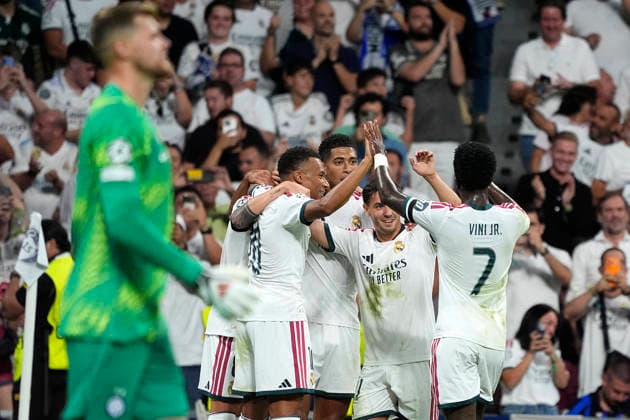 REAL MADRID CF v FOOTBALL CLUB INTERNAZIONALE MILANO. CHAMPIONS LEAGUE 2026 2027. LEAGUE PHASE. MATCHDAY 1. Real Madrid CF s Federico Valverde, Kylian Mbappe, Jude Bellingham, Brahim Diaz and Vinicius Junior celebrate goal during Champions League 2026 2027, League phase, Matchday 1 match. September 8, 2026 (ALTERPHOTOS Acero) MadridSpain  Copyright: xAcerox