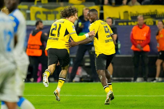 Serhou Guirassy (Borussia Dortmund) celebrates after scoring his team s second goal with Fabio Silva (Borussia Dortmund) during the UEFA Champions League 2026 2027 match between Borussia Dortmund and Villarreal at BVB Stadion Dortmund on September 8, 2026 in Dortmund, Germany. (Photo by Alex Gottschalk DeFodi Images) -