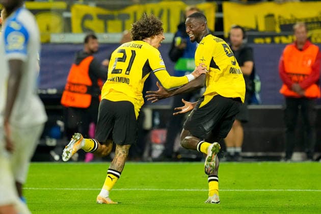 Serhou Guirassy (Borussia Dortmund) celebrates after scoring his team s second goal with Fabio Silva (Borussia Dortmund) during the UEFA Champions League 2026 2027 match between Borussia Dortmund and Villarreal at BVB Stadion Dortmund on September 8, 2026 in Dortmund, Germany. (Photo by Alex Gottschalk DeFodi Images) -