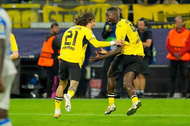 Serhou Guirassy (Borussia Dortmund) celebrates after scoring his team s second goal with Fabio Silva (Borussia Dortmund) during the UEFA Champions League 2026 2027 match between Borussia Dortmund and Villarreal at BVB Stadion Dortmund on September 8, 2026 in Dortmund, Germany. (Photo by Alex Gottschalk DeFodi Images) -