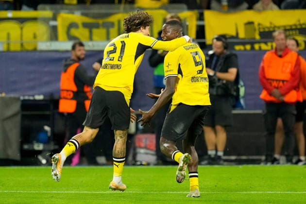 Serhou Guirassy (Borussia Dortmund) celebrates after scoring his team s second goal with Fabio Silva (Borussia Dortmund) during the UEFA Champions League 2026 2027 match between Borussia Dortmund and Villarreal at BVB Stadion Dortmund on September 8, 2026 in Dortmund, Germany. (Photo by Alex Gottschalk DeFodi Images) -