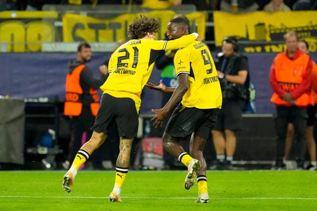 Serhou Guirassy (Borussia Dortmund) celebrates after scoring his team s second goal with Fabio Silva (Borussia Dortmund) during the UEFA Champions League 2026 2027 match between Borussia Dortmund and Villarreal at BVB Stadion Dortmund on September 8, 2026 in Dortmund, Germany. (Photo by Alex Gottschalk DeFodi Images) -