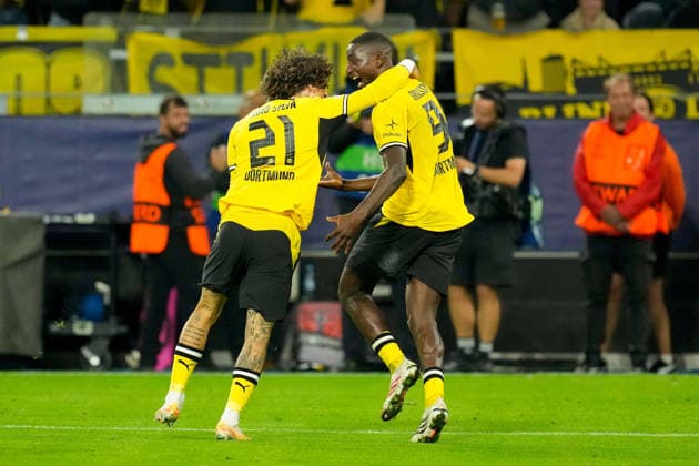 Serhou Guirassy (Borussia Dortmund) celebrates after scoring his team s second goal with Fabio Silva (Borussia Dortmund) during the UEFA Champions League 2026 2027 match between Borussia Dortmund and Villarreal at BVB Stadion Dortmund on September 8, 2026 in Dortmund, Germany. (Photo by Alex Gottschalk DeFodi Images) -