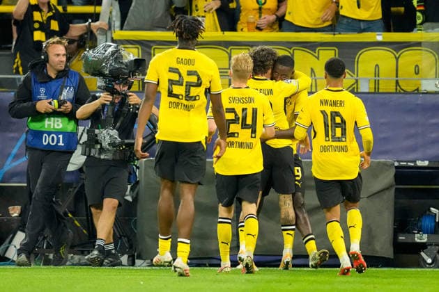Serhou Guirassy (Borussia Dortmund) celebrates after scoring his team s second goal with teammates during the UEFA Champions League 2026 2027 match between Borussia Dortmund and Villarreal at BVB Stadion Dortmund on September 8, 2026 in Dortmund, Germany. (Photo by Alex Gottschalk DeFodi Images) -