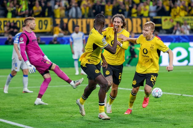 08.09.2026, Fußball, UEFA Championsleague, Borussia Dortmund - FC Villarreal, 1. Spieltag Champions League, Signal Iduna Park, Saison 2026 27: Torjubel nach dem Tor zum 2:1 durch Torschütze Serhou Guirassy (BVB 09) zusammen mit Fabio Silva (BVB 21) DFB regulations prohibit any use of photographs as image sequences and or quasi-video. Nordrhein-Westfalen Deutschland