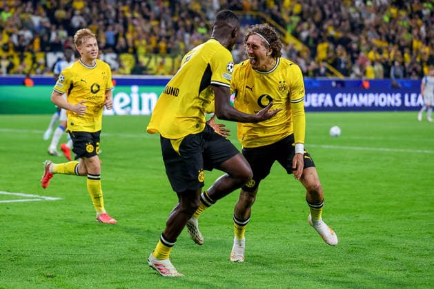 08.09.2026, Fußball, UEFA Championsleague, Borussia Dortmund - FC Villarreal, 1. Spieltag Champions League, Signal Iduna Park, Saison 2026 27: Torjubel nach dem Tor zum 2:1 durch Torschütze Serhou Guirassy (BVB 09) zusammen mit Fabio Silva (BVB 21) DFB regulations prohibit any use of photographs as image sequences and or quasi-video. Nordrhein-Westfalen Deutschland