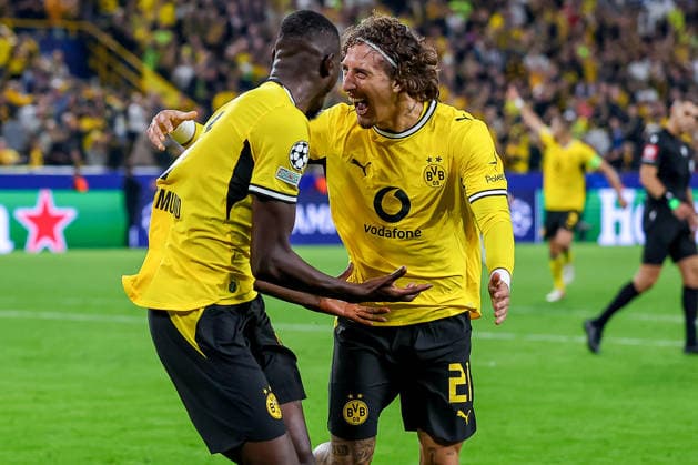 08.09.2026, Fußball, UEFA Championsleague, Borussia Dortmund - FC Villarreal, 1. Spieltag Champions League, Signal Iduna Park, Saison 2026 27: Torjubel nach dem Tor zum 2:1 durch Torschütze Serhou Guirassy (BVB 09) zusammen mit Fabio Silva (BVB 21) DFB regulations prohibit any use of photographs as image sequences and or quasi-video. Nordrhein-Westfalen Deutschland