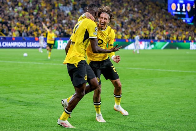 08.09.2026, Fußball, UEFA Championsleague, Borussia Dortmund - FC Villarreal, 1. Spieltag Champions League, Signal Iduna Park, Saison 2026 27: Torjubel nach dem Tor zum 2:1 durch Torschütze Serhou Guirassy (BVB 09) zusammen mit Fabio Silva (BVB 21) DFB regulations prohibit any use of photographs as image sequences and or quasi-video. Nordrhein-Westfalen Deutschland