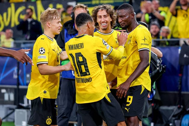 08.09.2026, Fußball, UEFA Championsleague, Borussia Dortmund - FC Villarreal, 1. Spieltag Champions League, Signal Iduna Park, Saison 2026 27: Torjubel nach dem Tor zum 2:1 durch Torschütze Serhou Guirassy (BVB 09) zusammen mit Fabio Silva (BVB 21) Ethan Nwaneri (BVB 18) Daniel Svensson (BVB 24) DFB regulations prohibit any use of photographs as image sequences and or quasi-video. Nordrhein-Westfalen Deutschland