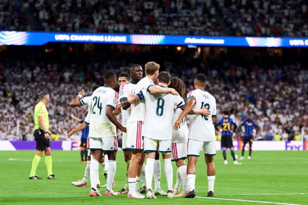 Federico Valverde of Real Madrid CF celebrating his goal with his teammates during the UEFA Champions League match between Real Madrid CF and FC Internazionale Milano at Bernabeu Stadium on September 8, 2026. - 08 09 2026 - Spain Madrid Madrid -  LGMx xLexPictorium LePictorium_0340238