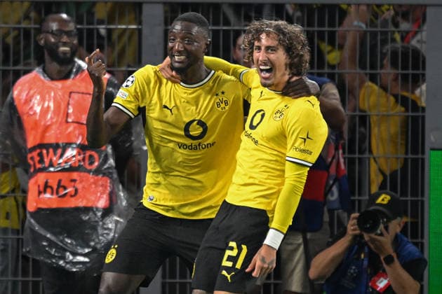 Serhou Guirassy (Dortmund 9) jubelt nach dem Tor zum 2:1 mit Fabio Silva (Dortmund 21) 08.09.2026 ¢ Fussball, Champions League, Borussia Dortmund vs Villarreal Club de Fotbol, Signal Iduna Park, Dortmund, NRW Germany