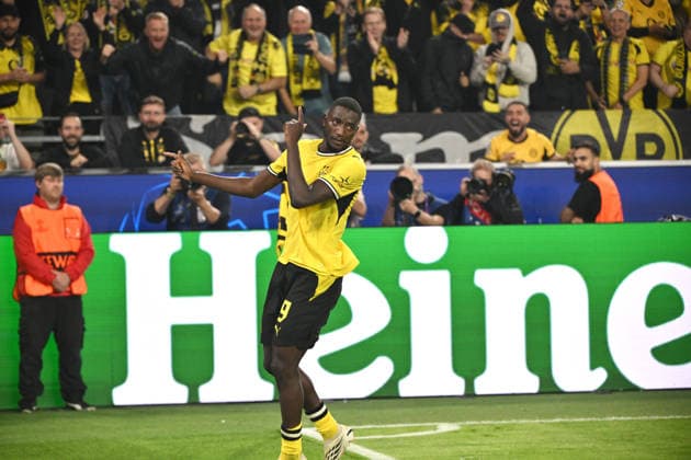 Jubel Serhou Guirassy (Borussia Dortmund) 3:1 08.09.2026, Fussball Champions League 2026 2027, 1. Spieltag, Borussia Dortmund - FC Villarreal UEFA regulations prohibit any use of photographs as image sequences and or quasi-video Dortmund Signal Iduna Park Nordrhein Westfalen Deutschland