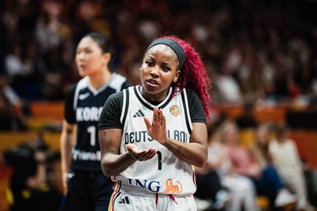 FIBA Women™s Basketball World Cup 2026: Deutschland vs. Südkorea, 08.09.2026 Alexis Peterson (Deutschland, 1) lacht; Basketball, FIBA Women™s Basketball World Cup 2026, Final Phase, Qualifikation fürs Viertelfinale: Deutschland vs. Südkorea am 08.09.2026 in der Uber Arena, Berlin Copyright: xBEAUTIFULxSPORTS Tonhäuserx