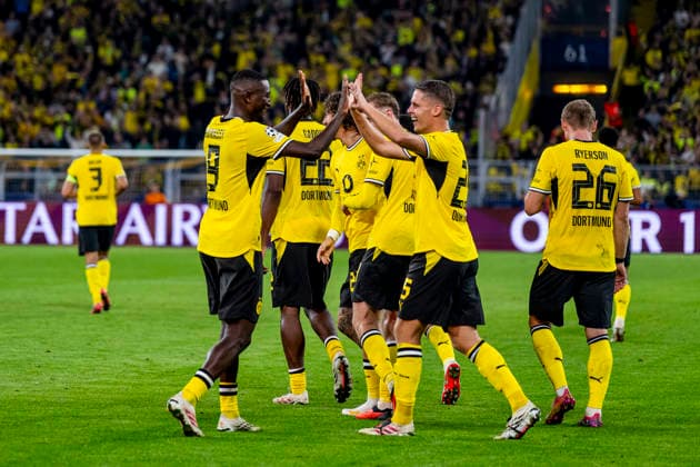 DORTMUND - (l-r) Borussia Dortmund forward Serhou Guirassy and Borussia Dortmund midfielder Joey Veerman celebrate the 2-1 during the UEFA Champions League match between Borussia Dortmund and Villarreal at BVB Stadion Dortmund on 8 September 2026 in Dortmund, Germany. (Photo by DeFodi Images) -