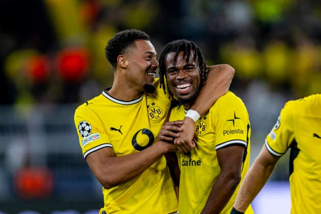 DORTMUND - Borussia Dortmund midfielder Felix Nmecha and Borussia Dortmund defender Joane Gadou during the UEFA Champions League match between Borussia Dortmund and Villarreal at BVB Stadion Dortmund on 8 September 2026 in Dortmund, Germany. (Photo by DeFodi Images) -