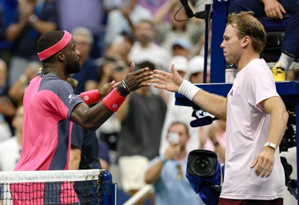 US Open tennis tournament - Day 10 Frances Tiafoe (L) of the USA salutes Alex Michelsen (R) of the USA at the net after winning their Men Singles Quarterfinals match of the US Open Tennis Championships at the USTA Billie Jean King National Tennis Center in Flushing Meadows, New York, USA, 08 September 2026. FLUSHING MEADOWS NEW YORK United States  Copyright: xCRISTOBALxHERRERA-ULASHKEVICHx