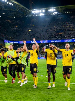 DORTMUND - Borussia Dortmund midfielder Joey Veerman, Borussia Dortmund forward Serhou Guirassy and Borussia Dortmund defender Waldemar Anton during the UEFA Champions League match between Borussia Dortmund and Villarreal at BVB Stadion Dortmund on 8 September 2026 in Dortmund, Germany. (Photo by DeFodi Images) -