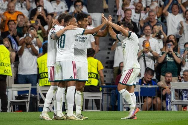 September 8, 2026, Madrid, Spain: Real Madrid players celebrating a goal during the 2026 2027 UEFA Champions League match between Real Madrid and Inter Milan..Final score: Real Madrid 2-1 Inter Milan Madrid Spain - ZUMAs197 20260908_aaa_s197_329 Copyright: xDavidxCanalesx