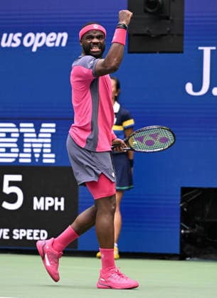 Frances Tiafoe reacts against Alex Michelsen during the quarter finals in Arthur Ashe Stadium at the 2026 US Open Tennis Championship held at the USTA Billie Jean King National Tennis Center in New York City on Tuesday, September 8, 2026.  NYP20260908522 LARRYxMARANO