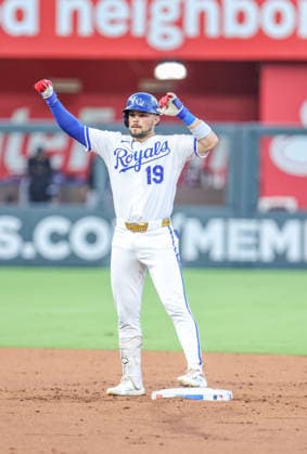 SEP 8, 2026: Kansas City Royals infielder Michael Massey (19) celebrates at second base after hitting a double against the Diamondbacks at Kauffman Stadium Kansas City, MO. CSM Kansas City United States - ZUMAc04_ 20260908_zma_c04_023 Copyright: xRomanxPunox