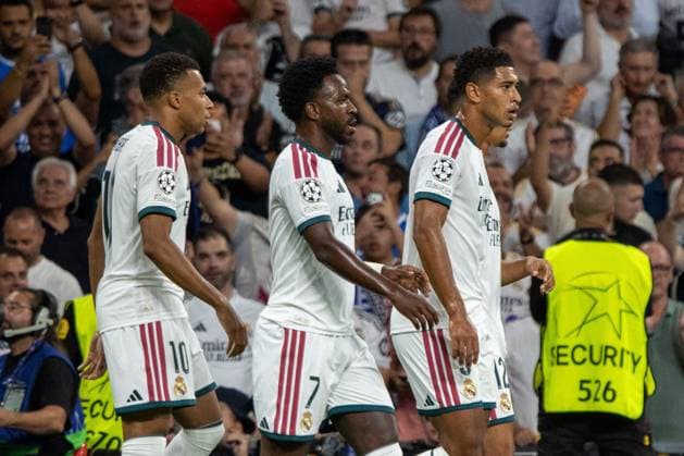 UEFA Champions League 2026 2027 - Real Madrid vs. Inter Milan in Madrid, Spain - 8 Sep 2026 Kylian Mbappé, Vinícius Jr., and Jude Bellingham (Real Madrid) celebrate a goal during the 2026 2027 UEFA Champions League match between Real Madrid and Inter Milan. Final score: Real Madrid 2-1 Inter Milan Madrid Spain Copyright: xDavidxCanalesx xSOPAxImagesx David-Canales-1448111