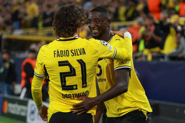 UEFA Champions League - Borussia Dortmund - FC Villarreal am 08.09.2026 im Signal Iduna Park in Dortmund Jubel, Torjubel, Torschuetze, Torschütze Serhou Guirassy (Dortmund 9) jubelt nach seinem Tor zum 2 zu 1 mit Fabio Silva (Dortmund 21)