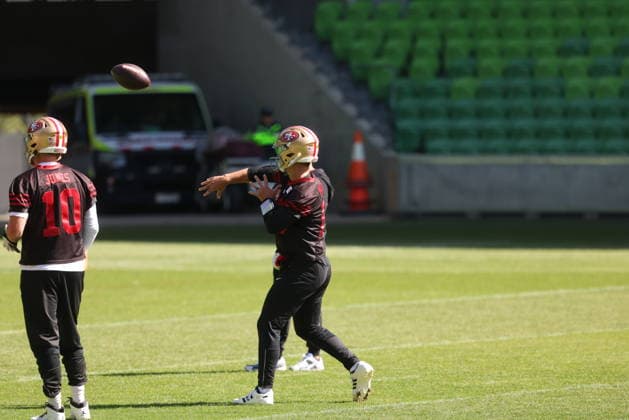 September 9, 2026: The San Francisco 49ers during practice at an NFL, American Football Herren, USA media opportunity at AAMI Park on September 09, 2026 in Melbourne, Australia. - ZUMAp121 20260909_zsp_p121_001 Copyright: xChrisxPutnamx