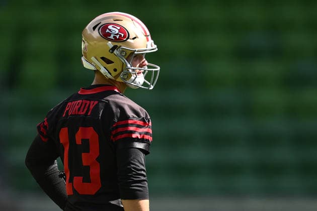 NFL, American Football Herren, USA 49ERS TRAINING, Brock Purdy of the 49ers during an NFL training session at AAMI Park in Melbourne, Wednesday, September 9, 2026. ( NO ARCHIVING MELBOURNE VICTORIA AUSTRALIA  Copyright: xJOELxCARRETTx 20260909117551622897