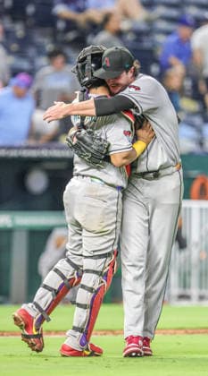 SEP 8, 2026: Arizona Diamondbacks relief pitcher Blake Walston (48) celebrates with Arizona Diamondbacks catcher Gabriel Moreno (14) after winning the game against the Kansas City Royals at Kauffman Stadium Kansas City, MO. CSM Kansas City United States - ZUMAc04_ 20260908_zma_c04_035 Copyright: xRomanxPunox