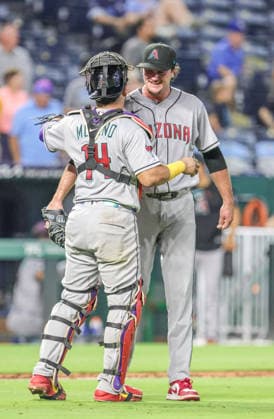SEP 8, 2026: Arizona Diamondbacks relief pitcher Blake Walston (48) celebrates with Arizona Diamondbacks catcher Gabriel Moreno (14) after winning the game against the Kansas City Royals at Kauffman Stadium Kansas City, MO. CSM Kansas City United States - ZUMAc04_ 20260908_zma_c04_038 Copyright: xRomanxPunox