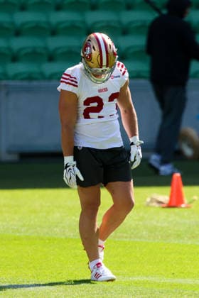 September 9, 2026, Melbourne, Victoria, Australia: Christian McCaffrey 23 of San Francisco 49ers during practice at an NFL, American Football Herren, USA media opportunity at AAMI Park on September 09, 2026 in Melbourne, Australia. Melbourne Australia - ZUMAp121 20260909_zsp_p121_021 Copyright: xChrisxPutnamx