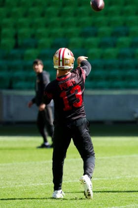 September 9, 2026, Melbourne, Victoria, Australia: Brock Purdy 13 of San Francisco 49ers during practice at an NFL, American Football Herren, USA media opportunity at AAMI Park on September 09, 2026 in Melbourne, Australia. Melbourne Australia - ZUMAp121 20260909_zsp_p121_023 Copyright: xChrisxPutnamx