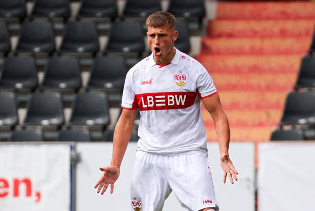 09.09.2026, Stuttgart, Fußball Champions League, Saison 2026 2027, VfB Stuttgart U19 vs. Viking U19, Jubel nach dem 1:0 Tor, Torschütze Enis Redzepi (VfB)