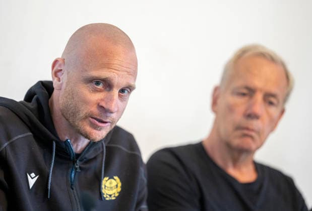 HÄLLEVIK 2026-09-09 New head coach Andreas Brännström and sports director Hans Larsson when Mjällby AIF holds a press conference, PK, Pressekonferenz at the office at Strandvallen in Hällevik on Wednesday. Mjällby fired coach Karl Marius Aksum this week. HÄLLEVIK SWEDEN x50090x