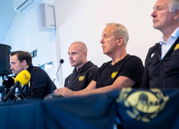 HÄLLEVIK 2026-09-09 Club manager Jacob Lennartsson, new head coach Andreas Brännström, sports director Hans Larsson and chairman Jan Sjöblom when Mjällby AIF holds a press conference, PK, Pressekonferenz at the office at Strandvallen in Hällevik on Wednesday. Mjällby fired coach Karl Marius Aksum this week. HÄLLEVIK SWEDEN x50090x